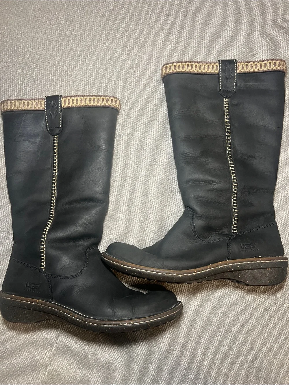 UGG Swell Tall Black Leather Mid-Calf Boot w/ Tan Trim Stitching - Women size 9